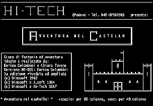 Schermata iniziale di Avventura nel castello (versione MS-DOS, 1987): gioco di fantasia ed avventura ideato e realizzato da Enrico Colombini e Chiara Tovena