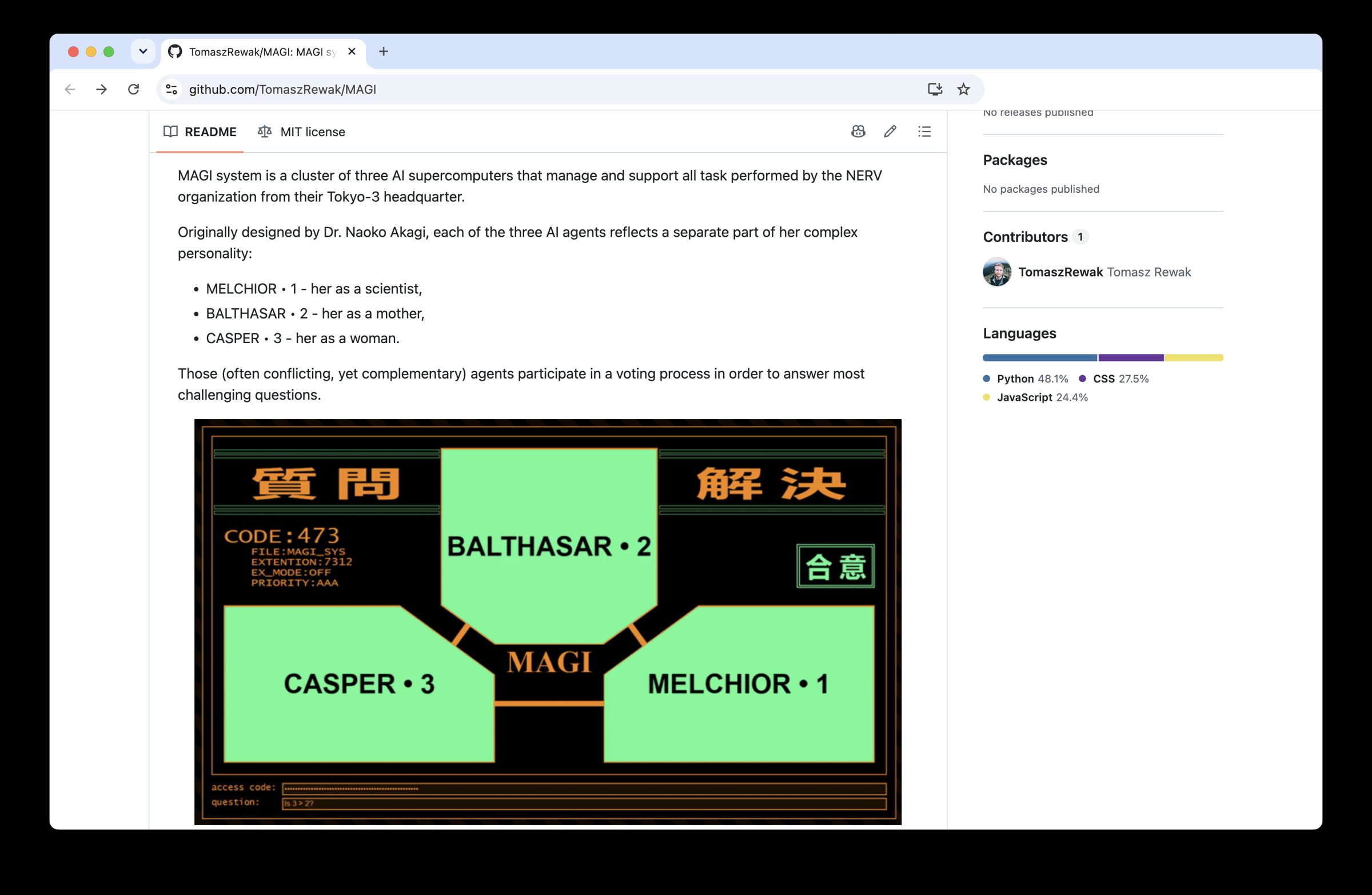 Emulazione dei supercomputer MAGI di Evangelion pubblicata su GitHub da Tomasz Rewak: schermata di voto di Melchior, Balthasar e Casper