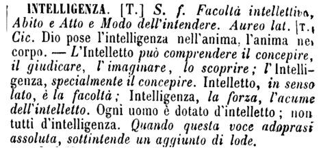 La voce «Intelligenza» del dizionario Tommaseo-Bellini: facoltà intellettiva; quando questa voce adoprasi assoluta, sottintende un aggiunto di lode