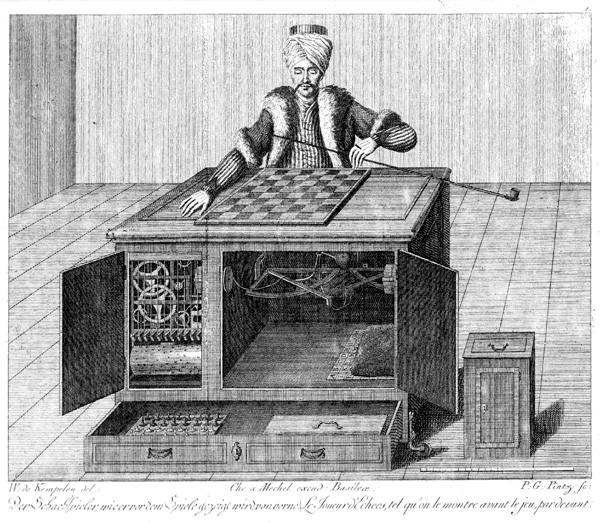 Il Turco meccanico di Wolfgang von Kempelen, incisione del 1783