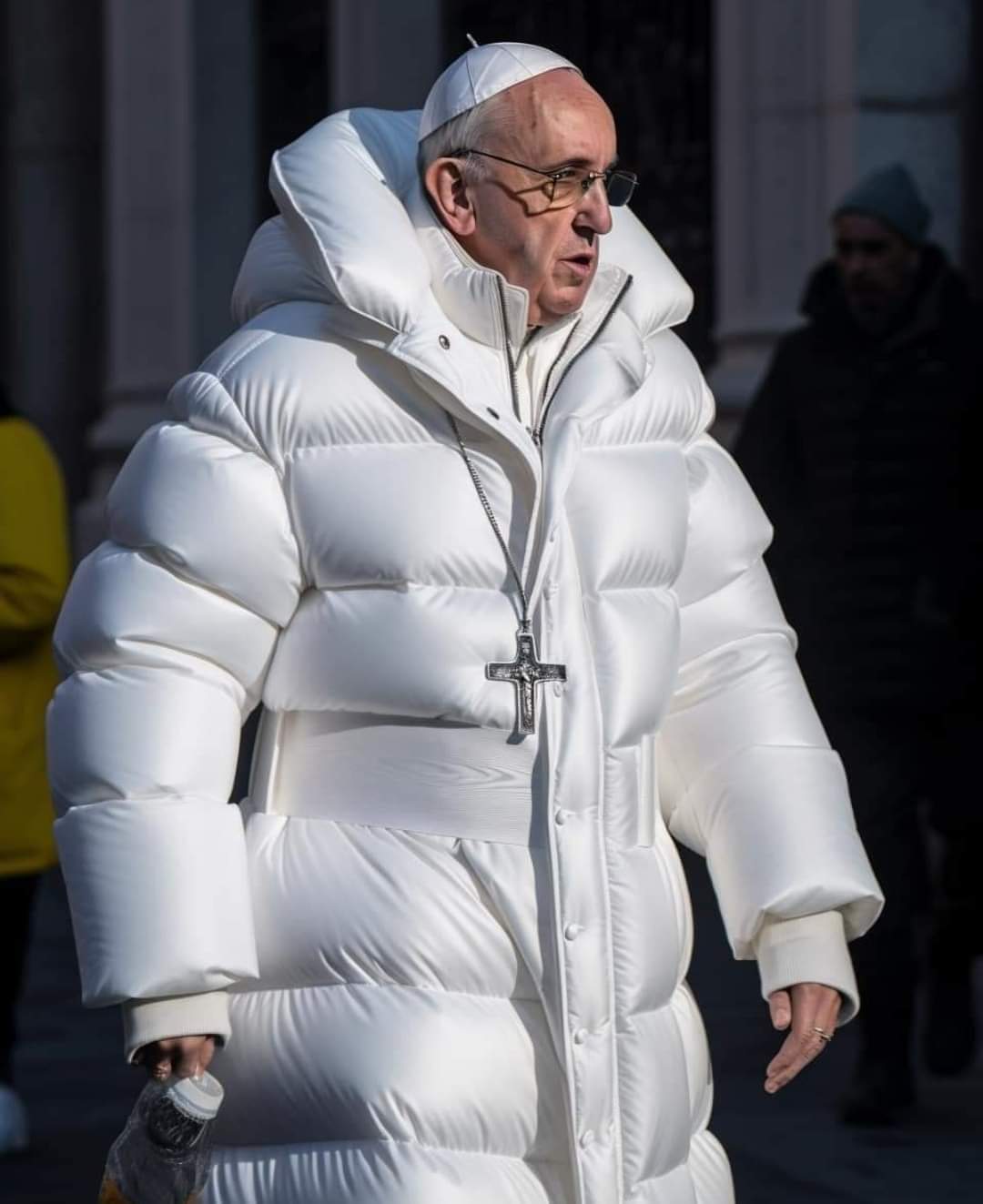 Papa Francesco con un piumino bianco lungo: un'immagine generata con Midjourney, marzo 2023